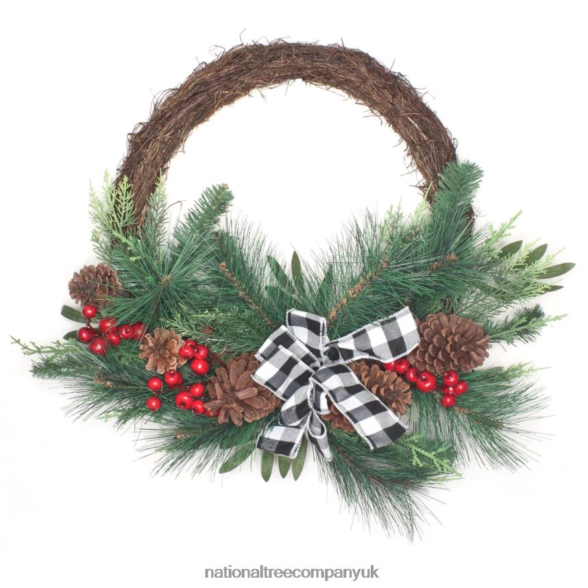 Greenery | National Tree Company Artificial Christmas Mixed Pine and Berries Wreath Decorated with Red Berries Pinecones and Black  White Plaid Bow Bristle Branch Tips 24 in F2L4F324